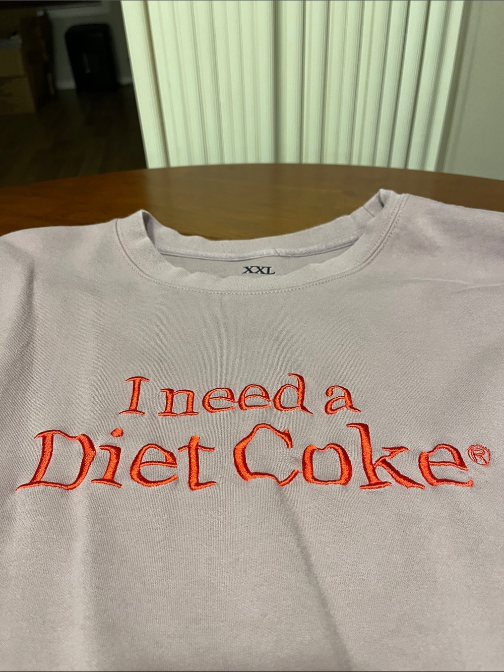 Light Pink Crewneck Sweatshirt with Red 'I Need a Diet Coke' Embroidery